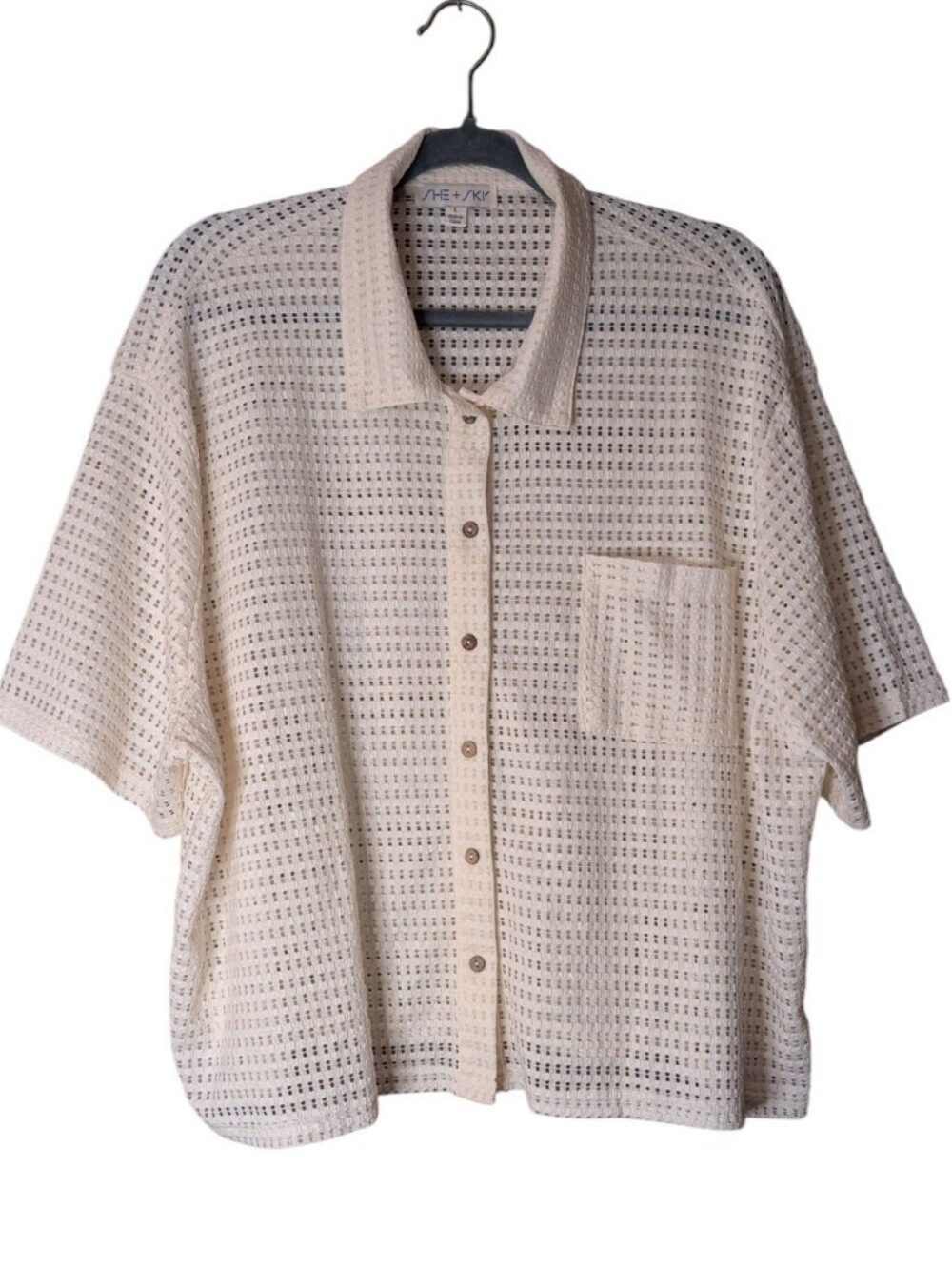 She + Sky Cream Crochet Knit Short Sleeve Button Down Mesh Shirt Size Large crop